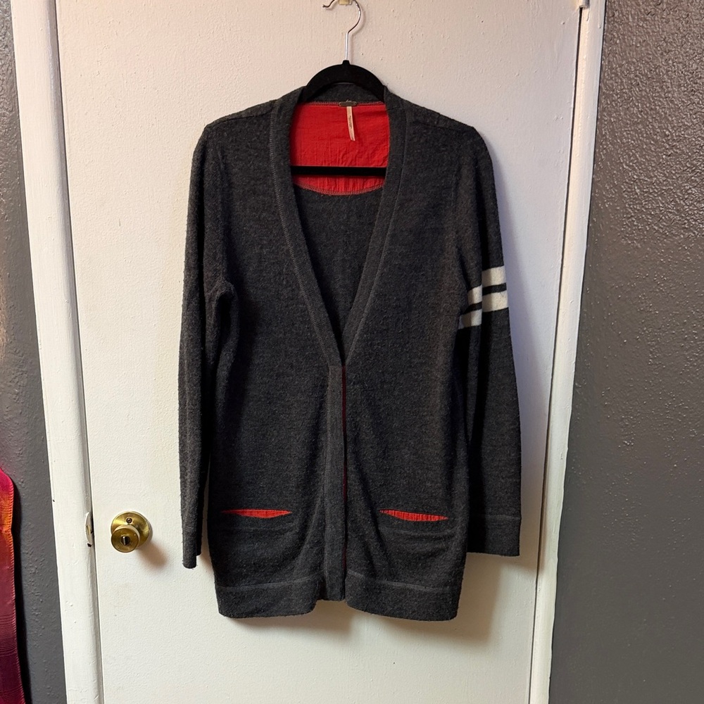 Free People Charcoal Gray Cardigan with Red Accents